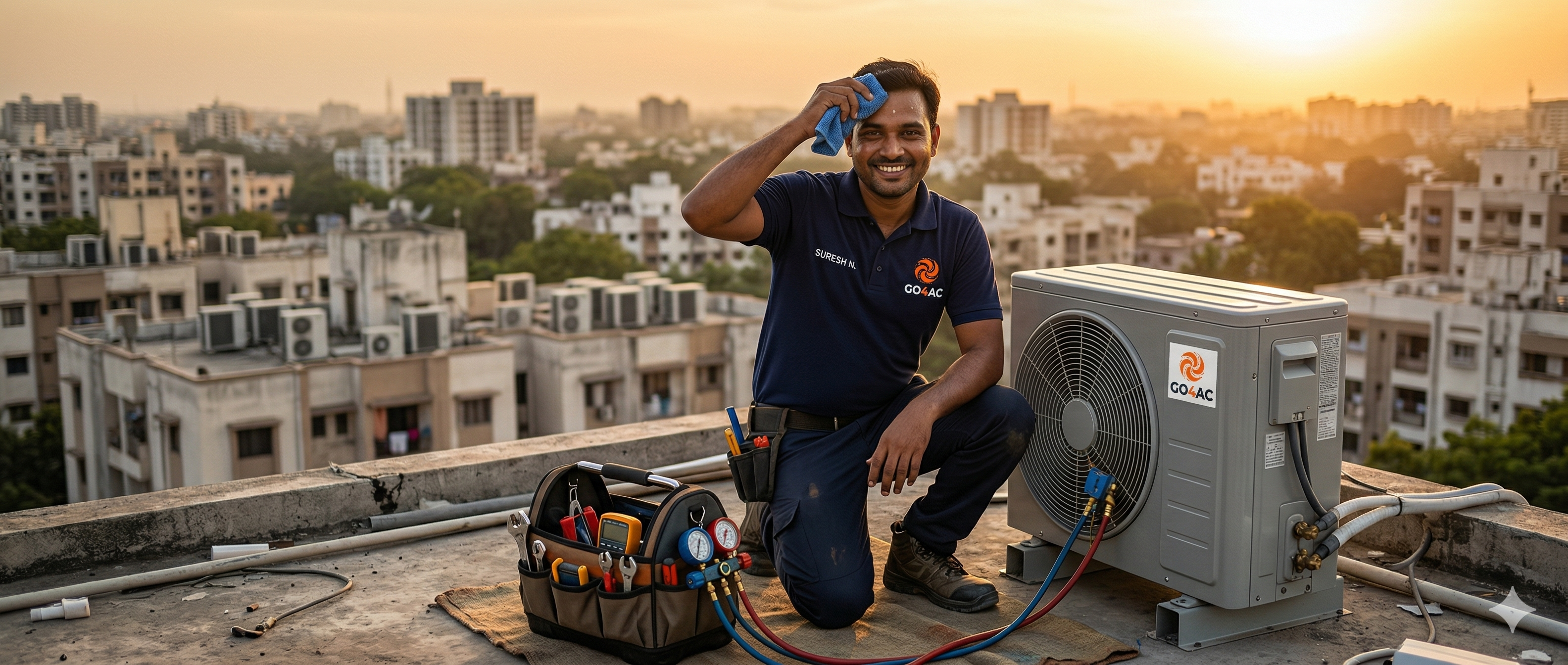 Go 4 AC technician with outdoor unit and tools at sunset in Vadodara