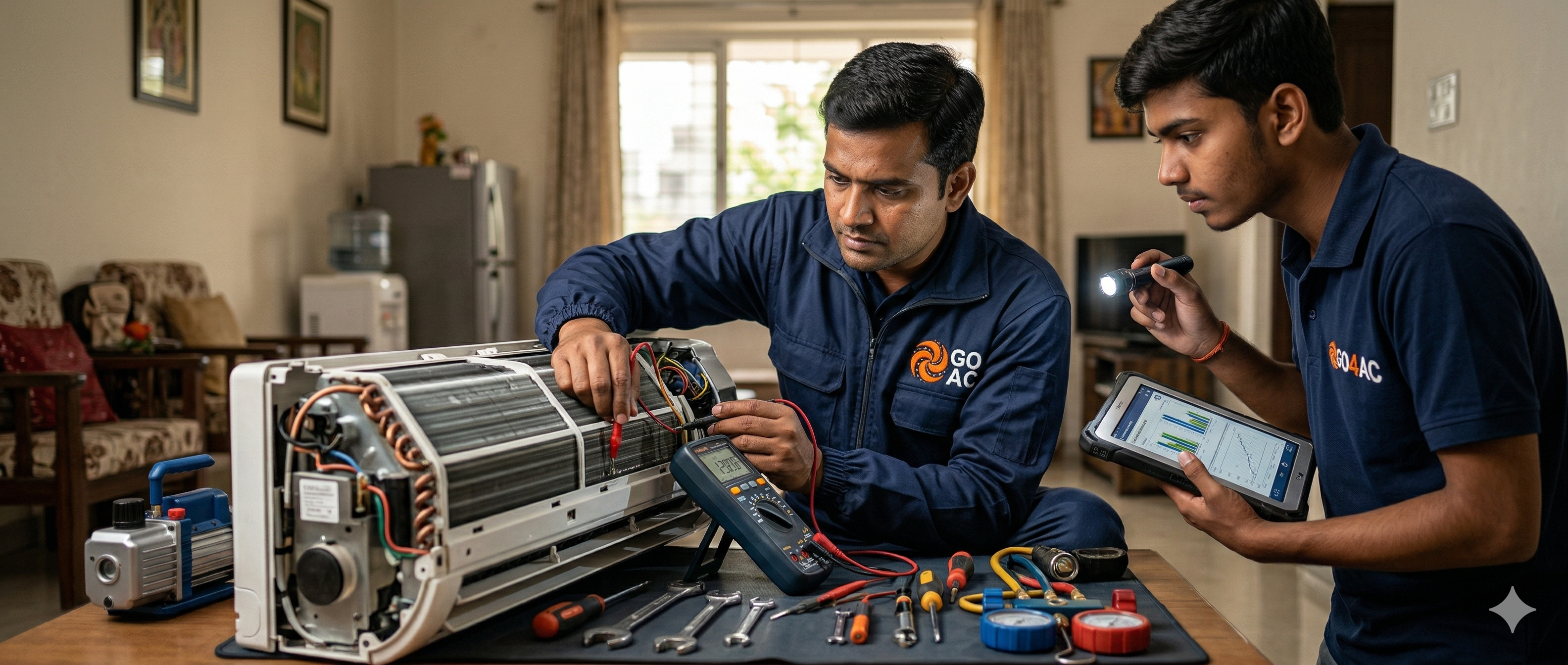 Go 4 AC technicians diagnosing a split AC indoor unit with professional tools