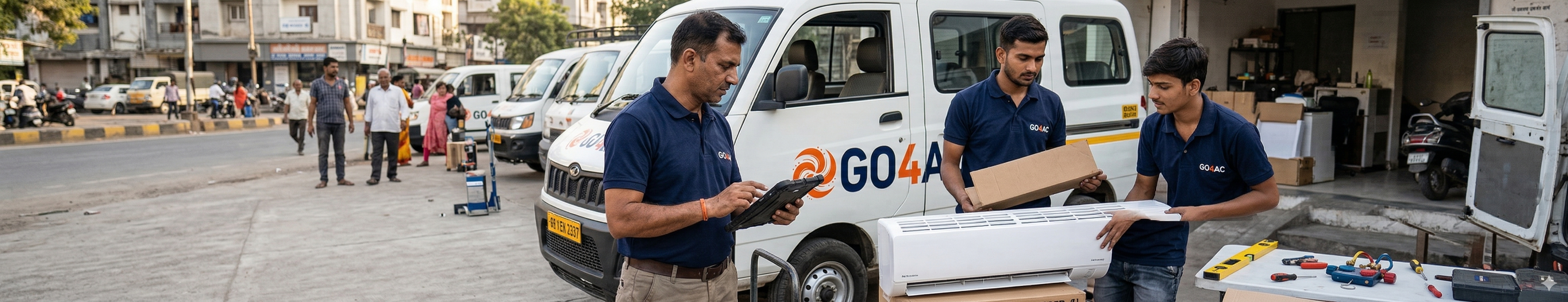 Go 4 AC team and branded service vans during outdoor installation work