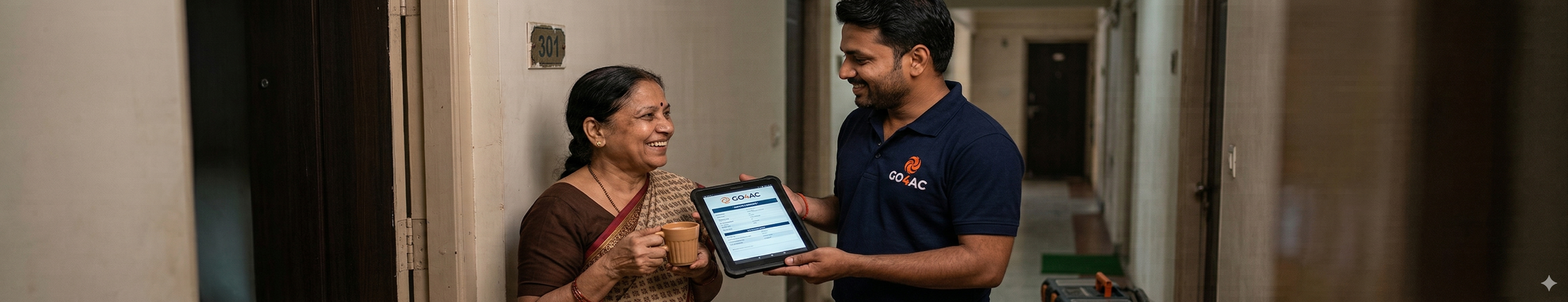 Go 4 AC technician showing a digital service report to a customer